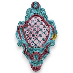 Sicilian ceramic holy water stoup - approx. 23 x 14 cm wide, green and burgundy background, baroque decoration MD2