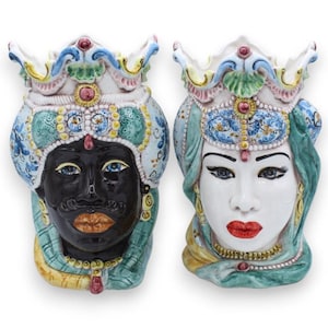 Coppia Teste di moro ceramica Caltagirone, h 25 cm ca Corona e turbante MD10