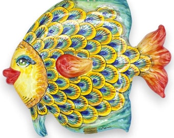 Flat wall fish, in Caltagirone ceramic, L 40 x 40 cm approx, peacock decoration