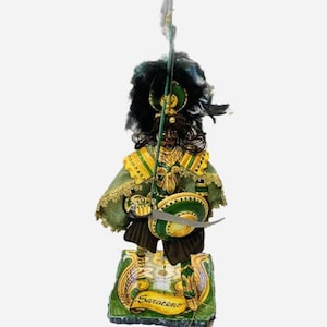 Sicilian Pupo, Paladin in Caltagirone ceramic, h 55 cm approx. Carolingian line, lava stone base - SARACENO -