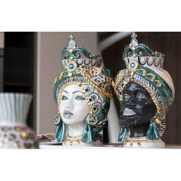 Sicilian Moor Heads (pair) h 50 cm approx Caltagirone ceramic, Matt Black Man, Modern Decoration, Verderame, Pure Gold