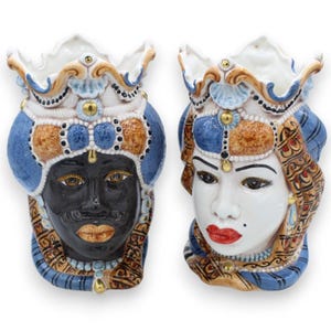 Sicilian Emiri Moorish heads (pair) h 25 cm approx. Caltagirone ceramic, 24k gold enamel details MD16