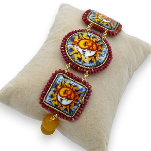 Bracelet with Trio of lava stone and majolica tiles with natural stones - L 18 cm approx.