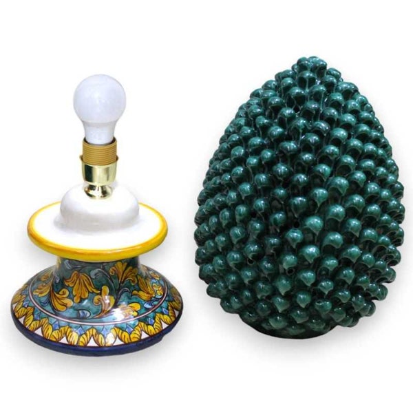 Caltagirone ceramic perforated pine cone lamp - h approx. 45 cm Verderame, stem with baroque decoration and yellow leaves