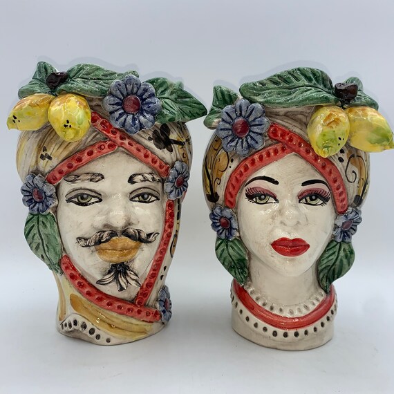 Sicilian moorheads pair man and woman in Caltagirone ceramic entirely hand-shaped H.25 cm