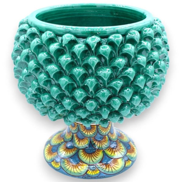 Caltagirone Verderame Half Pine Cone Vase, 4 size options (1pc) stem with Peacock Tail decoration