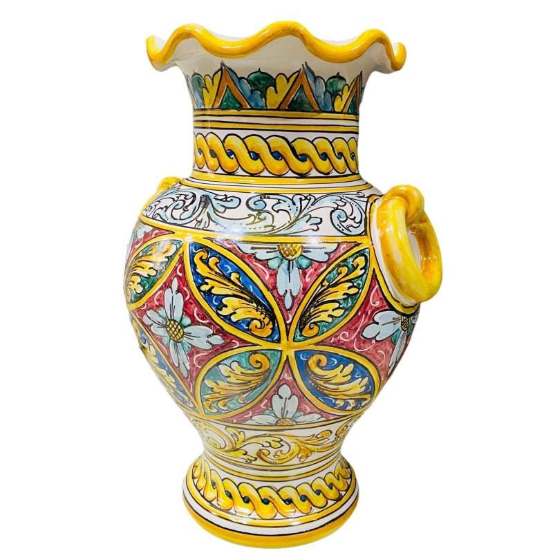 イタリア陶器　シシリア島パレルモで購入 旋盤で作られたシチリアの陶器の花瓶、バロックパレルモ装飾