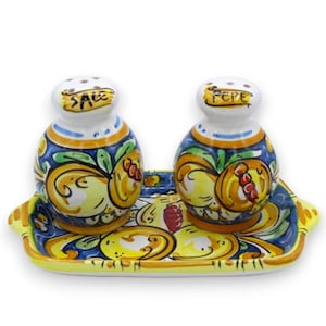 Salt and Pepper Set with Tray, Caltagirone Ceramic - Blue, Pomegranate, Flower and Lemon Decoration