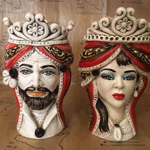 SICILIAN HEAD, Sicilian Moor&#39;s head, Caltagirone ceramic, handmade H20 cm, red Sicily, Head