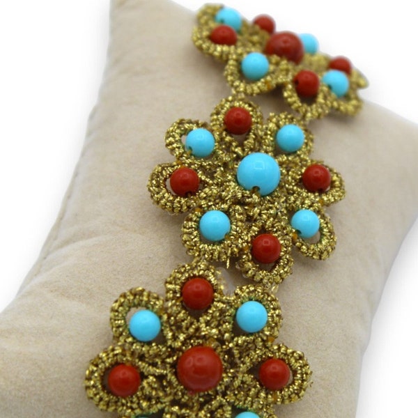 Bracelet dentelle frivolité - L 22cm env. Avec perles de Majorque et pâte de turquoise