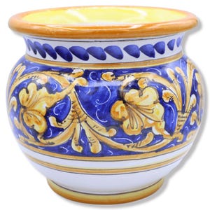 Cachepot, vaso para plantas em cerâmica fina, decoração barroca sobre fundo azul, com várias opções de tamanho (1 unidade)