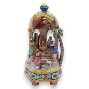 Nativity scene tower h 16 cm approx. polychrome Mother of pearl enamel, Caltagirone ceramic, 24k pure gold details