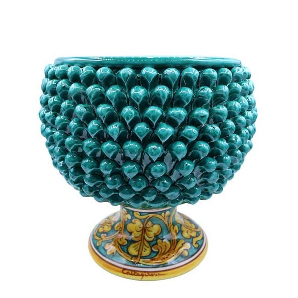 Caltagirone Half Pine Cone Vase, Verderame color and decorated stem, Measurements d30 x h30 cm approx. Mod TD