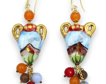 Amphora earrings in Caltagirone ceramic, h approx. 9 cm natural stones, 24k pure gold enamel