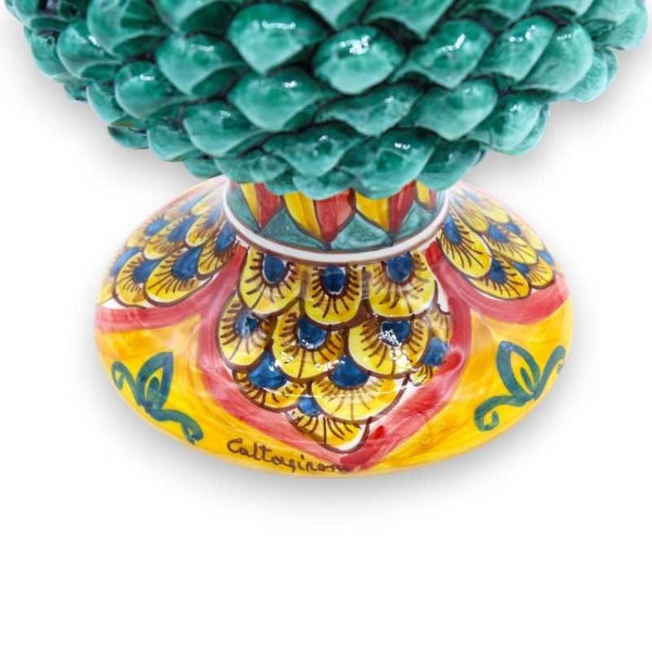 Sicilian Pinecone in Caltagirone Ceramics with 2 size options (1pc) Verderame, Stem with peacock tail decoration on a yellow background