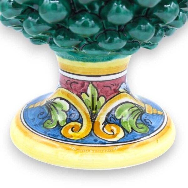 Sicilian Pinecone in Caltagirone Ceramics, Verderame - 2 size options (1pc) Stem with baroque decoration and flowers