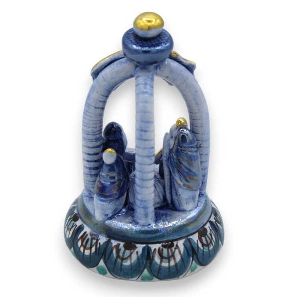 Bell Nativity scene h approx. 10 cm monochromatic Antique blue mother-of-pearl enamel, Caltagirone ceramic, 24k pure gold enamel details