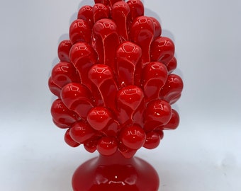 Pomme de pin en céramique sicilienne de Caltagirone 15 cm réalisée entièrement à la main, symbole de prospérité, de fertilité, de longévité, couleur rouge