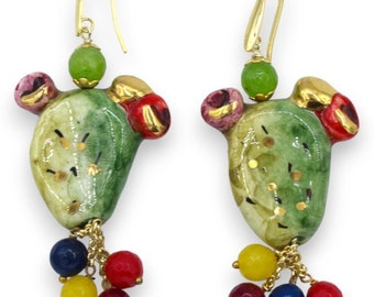 Caltagirone ceramic earrings, prickly pear shovel, h approx. 8 cm with natural stones and 24k pure gold enamel