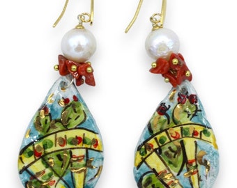 Caltagirone ceramic earrings, prickly pear shovel - h approx. 7 cm Scaramozza pearl, coral and 24k pure gold enamel