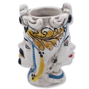 Two-faced Janus head with two faces in Caltagirone ceramic, 17th century yellow decoration - h 13 cm approx. Mod RP