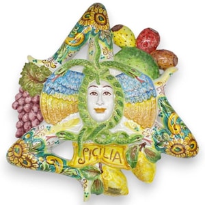 Caltagirone ceramic Trinacria h 48 x 48 cm approx. Mixed Fruit and Sunflower decoration