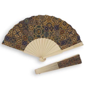 Wooden fan with cork-effect print decorated fabric, approx. 23 cm high (1 unit) Random Sicilian Maiolica decoration - MD2