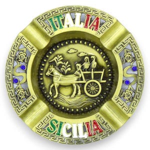 Sicilian Ashtray in Bronze Alloy, perforated Ø 12 cm approx. with Sicilian cart in relief