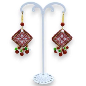 Lava stone tile earrings, burgundy Sicilian majolica decoration, h 7 cm - Pearls and natural stones, Bamboo coral