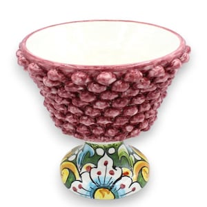 Caltagirone ceramic half-pigna chalice - h 20 and Ø 20 cm approx. Bordeaux, stem with multicoloured Baroque decoration