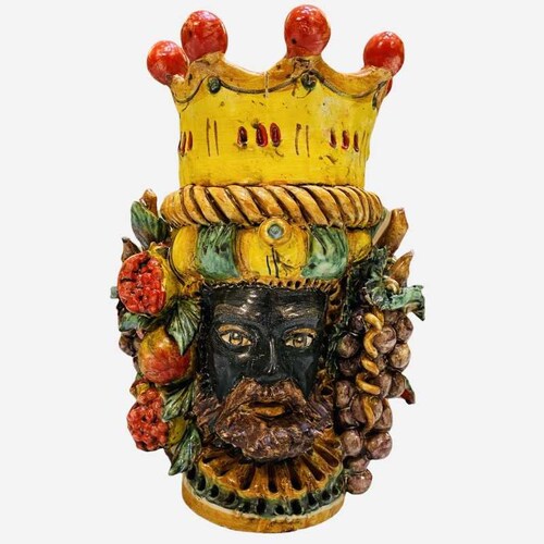 Giano Double-sided head with two faces in Caltagirone ceramic, antique matt enamel - Measures about h 24 shops x 16 cm