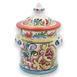 Large jar with lid in Caltagirone ceramic, h 20 cm approx., multicoloured baroque decoration, Sicilian cart