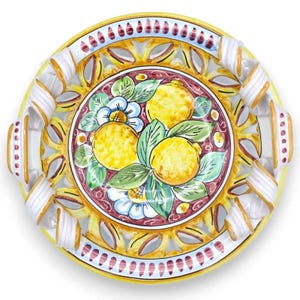 Caltagirone ceramic openwork centerpiece, torchon handles, 2 size options (1 unit) lemons and flowers, burgundy background