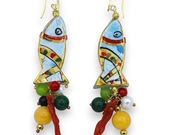 Caltagirone ceramic earrings, fish - h approx. 9 cm with scaramazze pearls, coral and 24k pure gold enamel