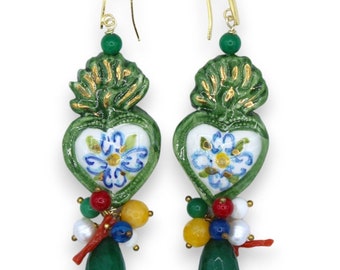 Caltagirone Ceramic Earrings, Heart of Jesus - h approx. 9 cm, Mallorcan pearl, Agate, 24k pure gold enamel