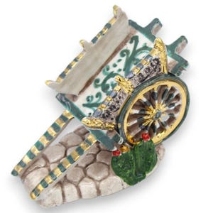 Sicilian Cart in Caltagirone Ceramic - L 12 x h 9 cm approx. Green background and details finished in 24k pure gold enamel.