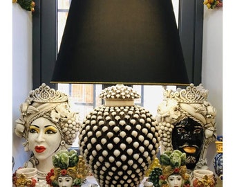 Caltagirone Pine Cone Lamp, height approximately 75 cm, antique white, black lampshade