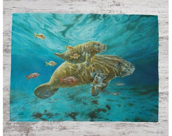 Manatee Placemat, Linen Placemat, Manatee Art, Manatees