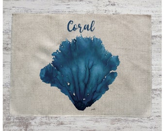 Blue Coral Place Mat, Linen Place Mat, Coral Art