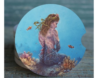 Brunette Mermaid Car Coaster, Mermaid Art, Car Coasters