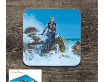 Silver hair Mermaid Square Table Coaster, Mermaid Coasters, Set of 4 Coasters