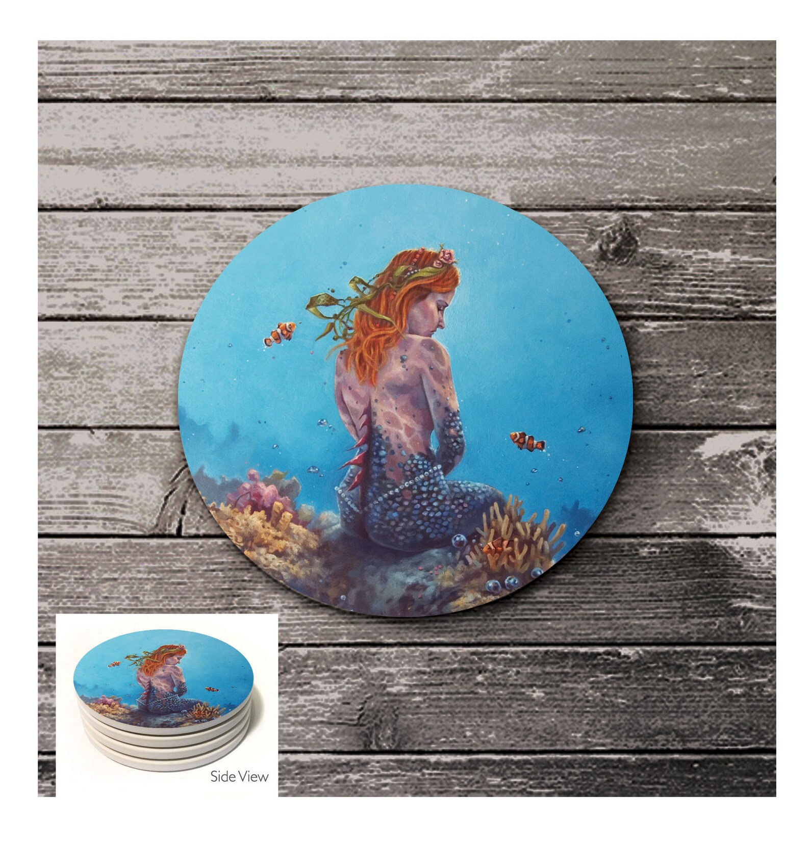Red Hair Mermaid Round Table Coaster Mermaid Coasters Set of Etsy