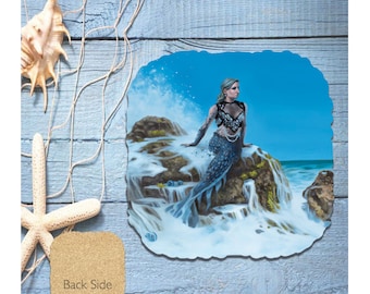 Silver Hair Mermaid Square Table Coaster, Mermaid Coasters, Set of 4 Table Coasters