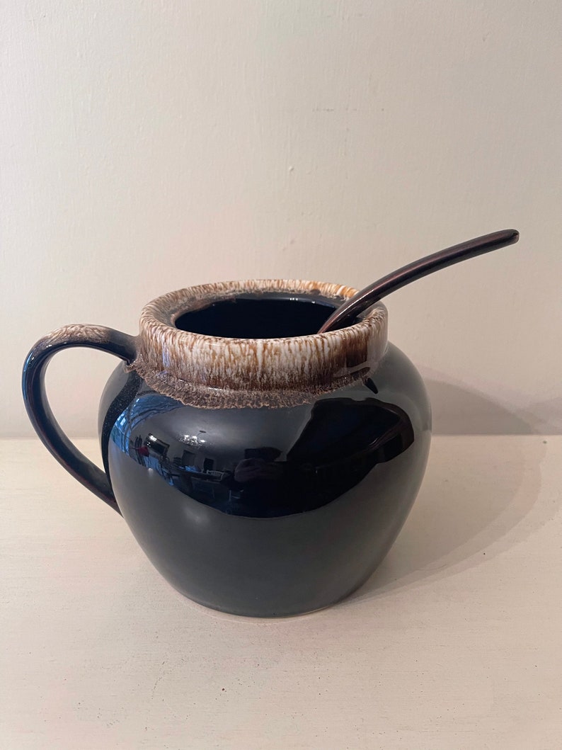 Vintage Brown Pottery Drip Glaze Bean Pot With Ladle Etsy