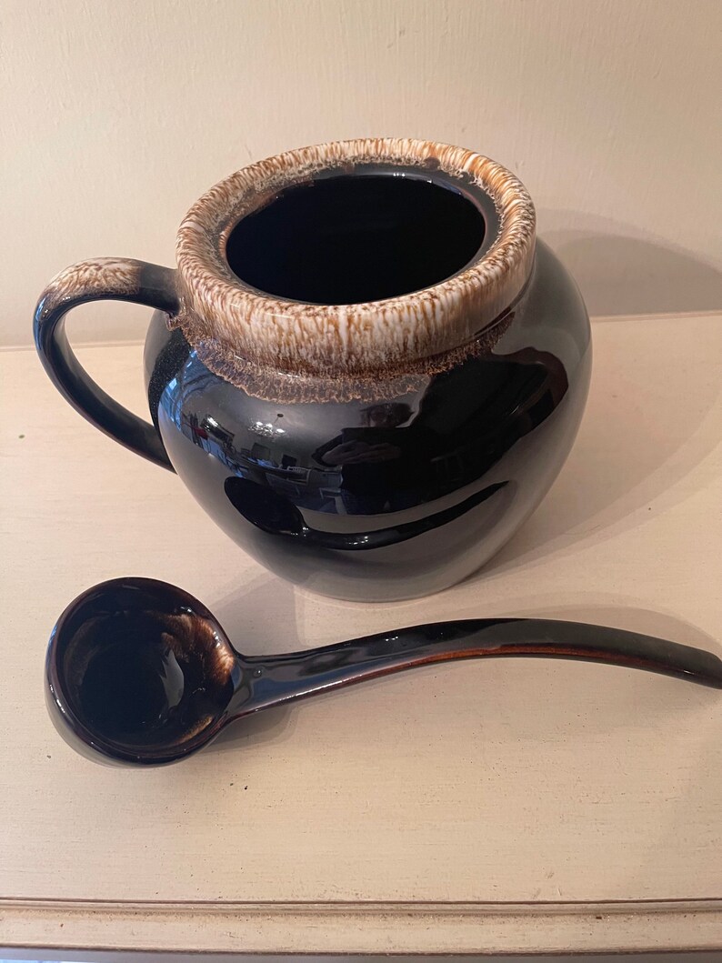 Vintage Brown Pottery Drip Glaze Bean Pot With Ladle Etsy