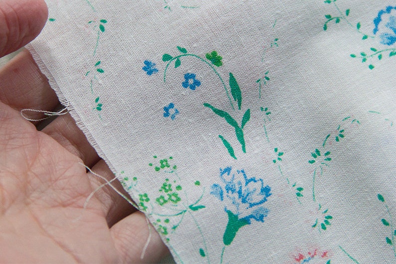 vintage printed flowers and butterfly thin cotton chintz in green blue and pink from soviet times