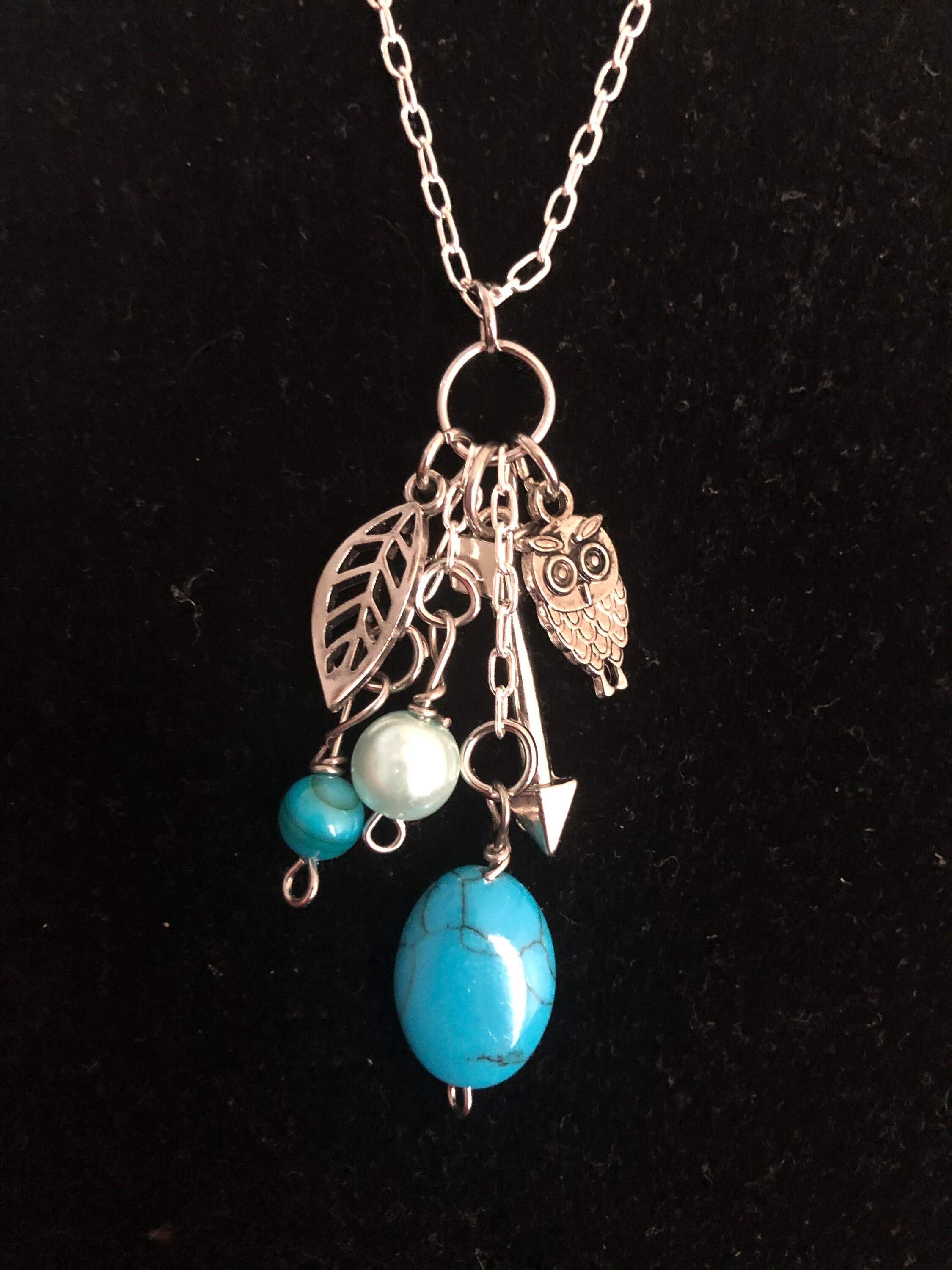 Boho charm necklace with owl, leaf and arrow