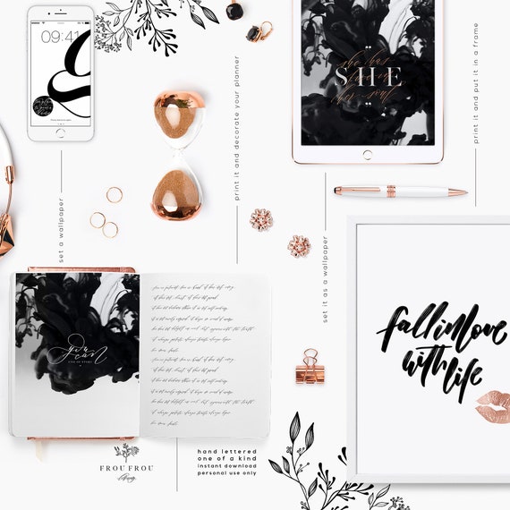 Monogram E Capital Letter E Everything Inspirational Quote Rose Gold Wedding Gift Simple Planner Cover Printable Divider Black White Wallart - 