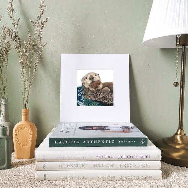 Otters Art Print | Mounted Print | Otters And Pup Print | Wildlife Print | Sea Otters Print | Gift Ideas | Mother's Day Gift