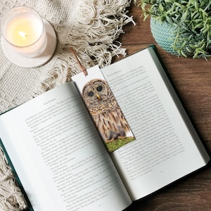 May include: A close-up of a brown and grey owl bookmark with a detailed illustration. The owl is perched on a green branch with leaves. The bookmark is made of paper and has a brown leather strap.